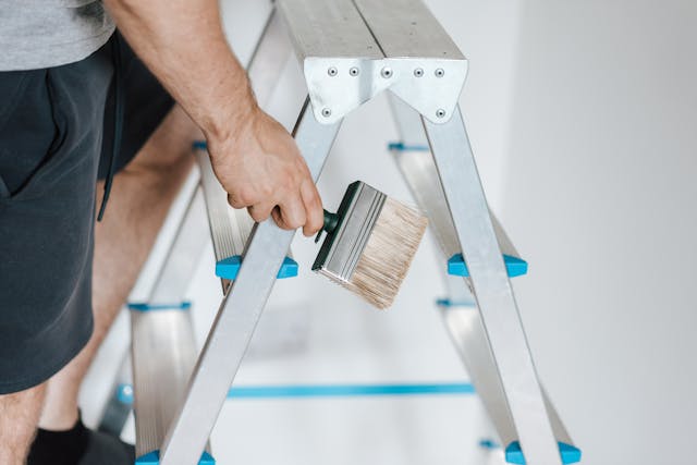 person on a ladder holding a paintbrush