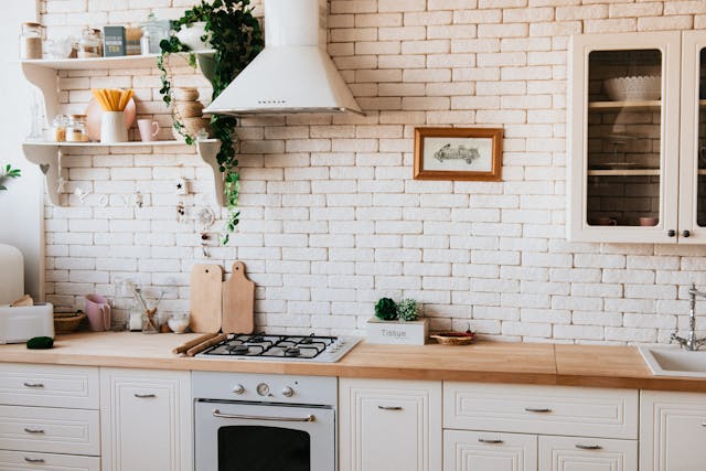 Kitchen with white brick backsplash